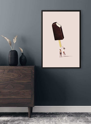 Framed "You treat me well" print by Maarten Léon featuring two people holding a giant chocolate ice cream bar.