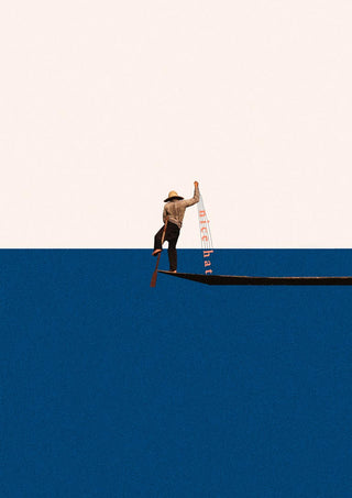 Minimalist artwork of a person fishing from a boat, titled "Fishing for compliments" by Maarten Léon.