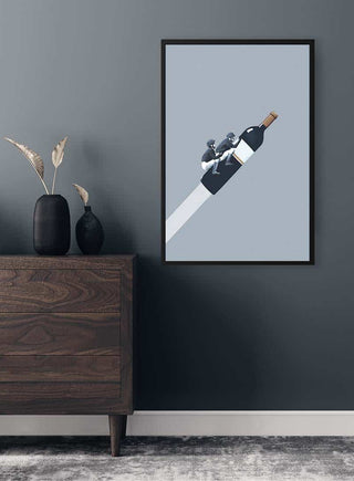Framed "We ride until dawn" by Maarten Léon hanging on a dark wall above a wooden dresser with decor.