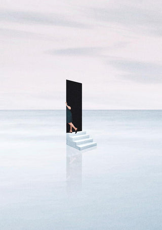 A surreal artwork of a figure entering a door atop stairs, set in a vast, reflective landscape. Escapism by Maarten Léon.