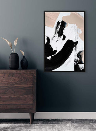 Abstract wall art "Black and Nude No 1" by Anastasia Sawall above a dark wood dresser in a modern room.