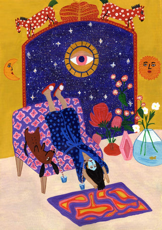 Illustration of a woman lounging upside down on a chair with her dog, set in a colorful, whimsical room.