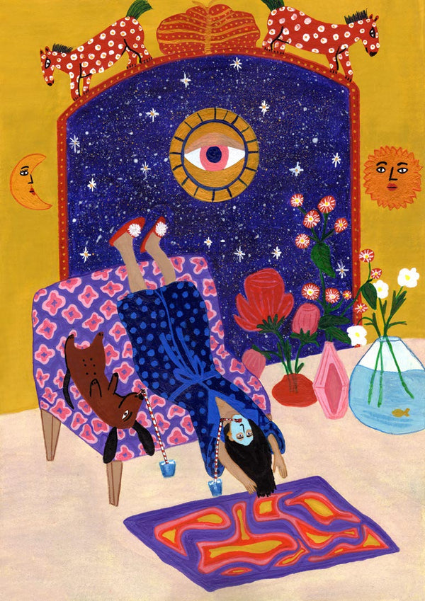 Illustration of a woman lounging upside down on a chair with her dog, set in a colorful, whimsical room.
