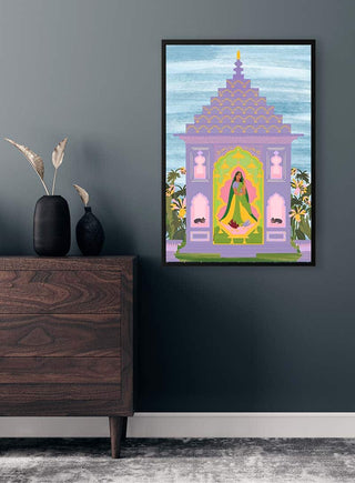 Framed "Indian Garden - Jotadejai" artwork hanging on a dark wall above a wooden dresser with decorative vases.