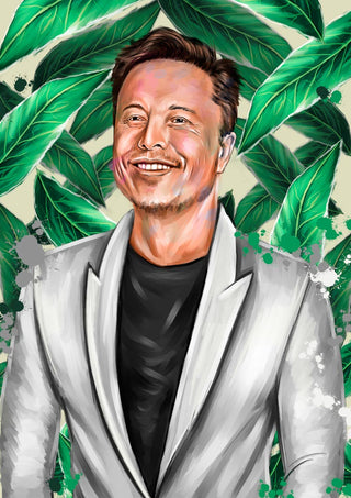 Digital portrait of Elon Musk in a light blazer, smiling with green leaves in the background.