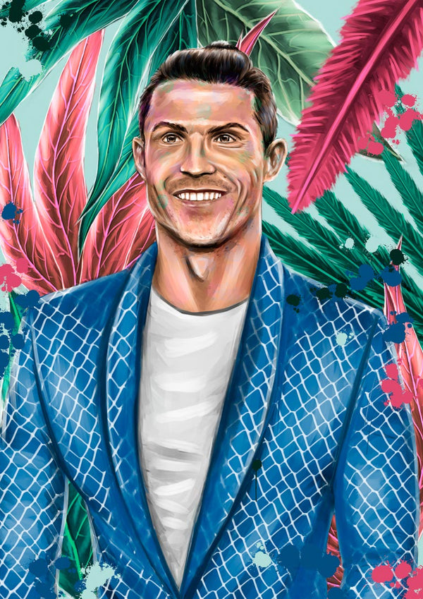 Colorful illustration of Christiano Ronaldo in a patterned blue suit, smiling with tropical leaves in the background.