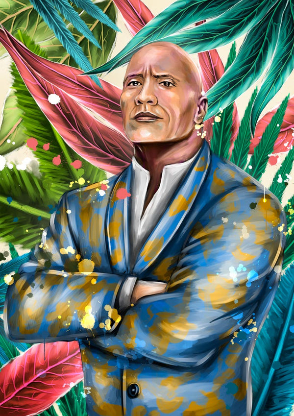 Colorful portrait of The Rock in a suit, with crossed arms, set against vibrant tropical leaves.