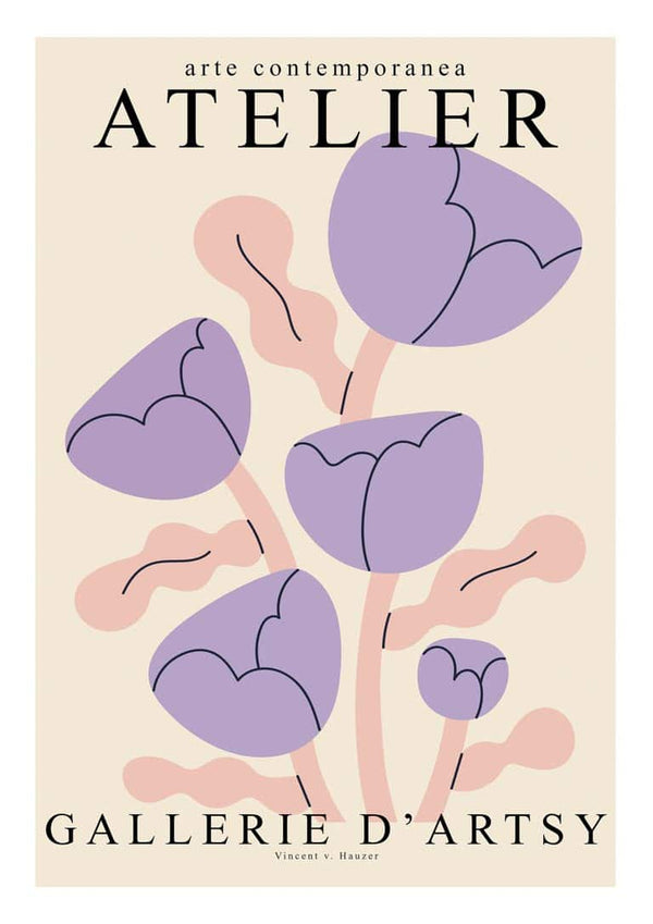 Abstract illustration of purple flowers with text "ATELIER GALLERIE D'ARTSY" on the Purple Puppies - Vincent V Plakat.