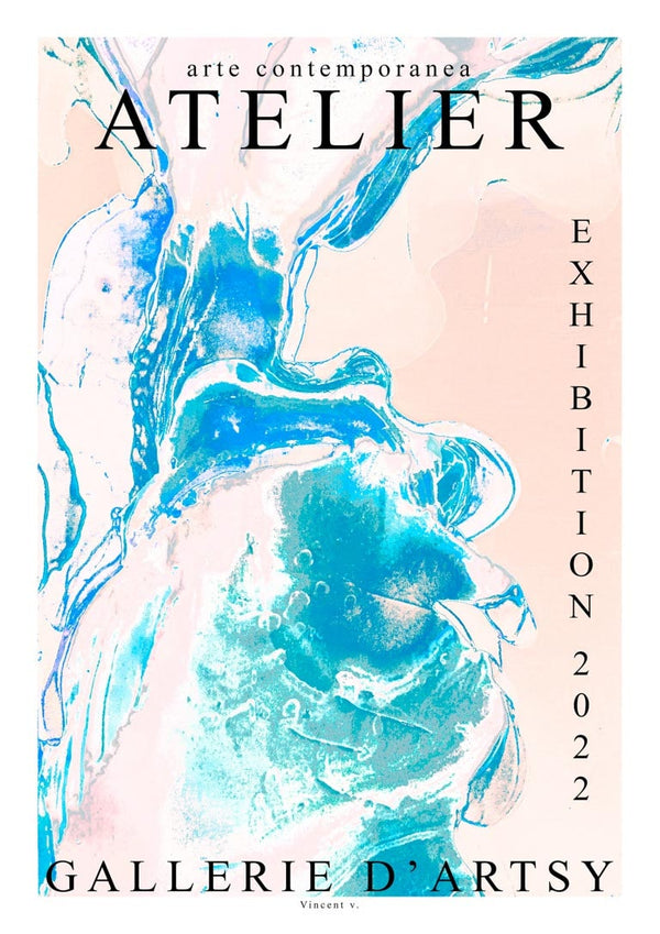 Abstract blue and pink art with text: "Atelier Exhibition 2022, Gallerie d'Artsy, Vincent V."