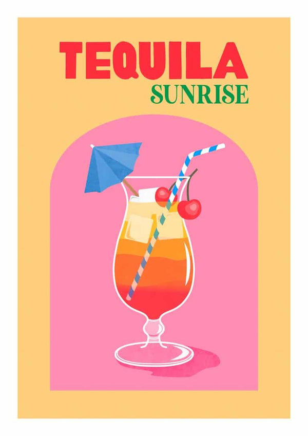 Illustration of a Tequila Sunrise cocktail with cherries, umbrella, and straw on a pink background.