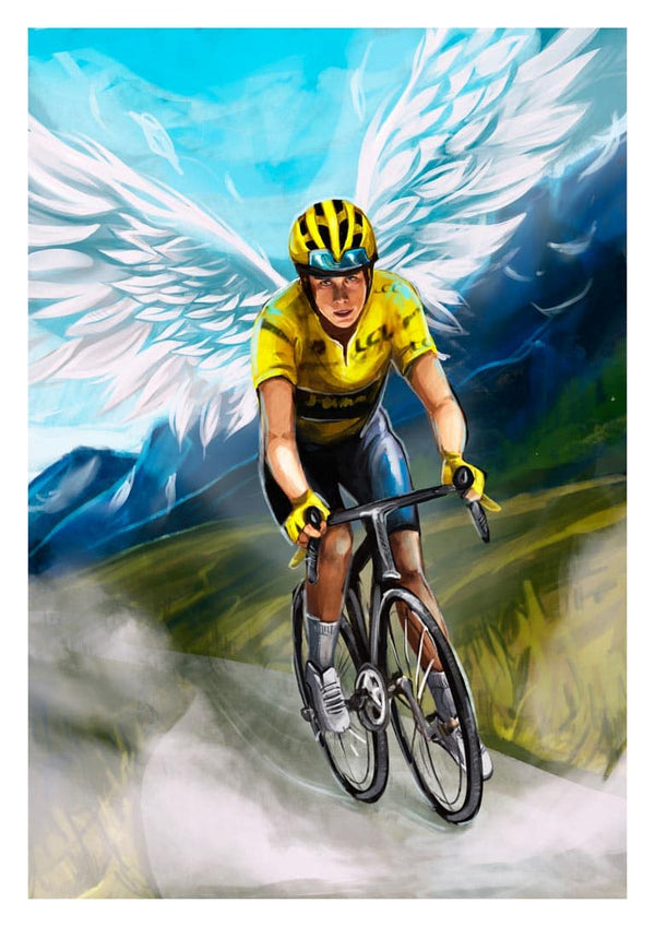 Illustration of Jonas Vingegaard cycling uphill with angel wings, set against a mountain landscape.