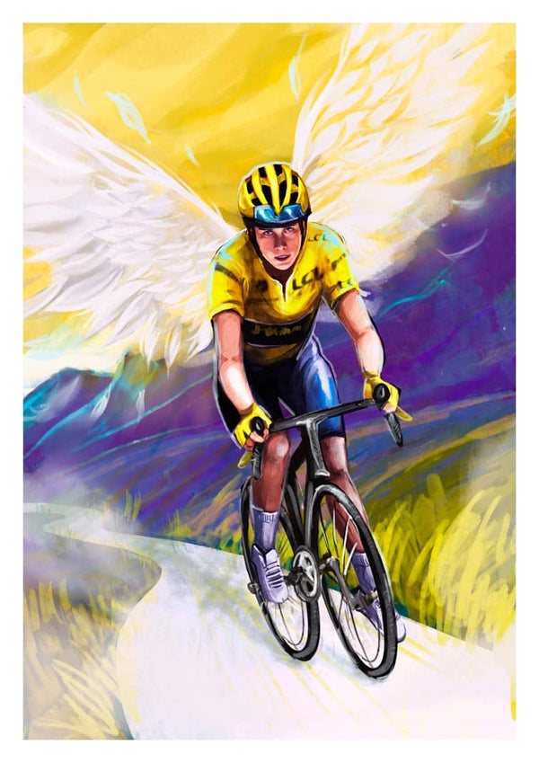 Illustration of a cyclist in yellow jersey with angel wings, riding on a mountain road; art by Danii Steinfeldt.