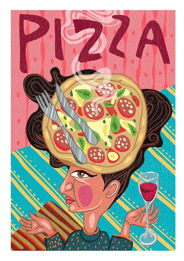 Colorful illustration of a woman with a steaming pizza as a hat, holding wine, text "PIZZA" above.