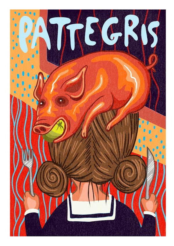 Illustration of a pig on a woman's head, with her holding fork and knife; "PATTEGRIS" text above.