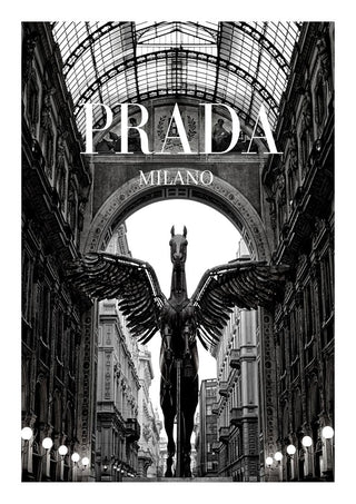 Black and white photo of a winged horse statue under an archway with "PRADA MILANO" text above.