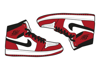 Illustration of Red Air Jordan Plakat sneakers with black swoosh and white accents, side view.