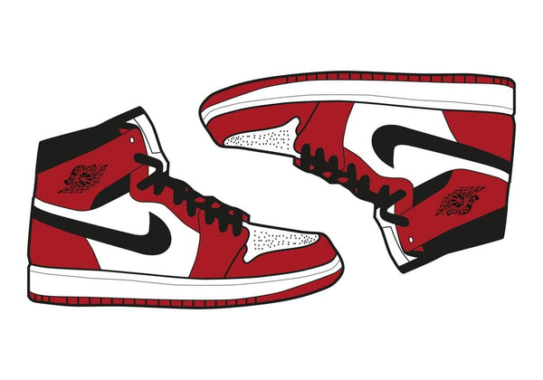 Illustration of Red Air Jordan Plakat sneakers with black swoosh and white accents, side view.