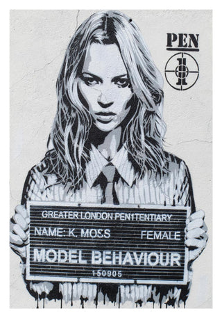 Kate Moss street art portrait holding a sign reading "Model Behaviour" in a mugshot style.
