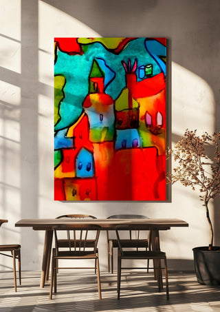 The Village by Nittaart hanging above a wooden dining table in warm sunlight