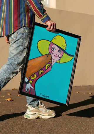 Frau mit Hut by Trude carried in a black frame along a sunny street