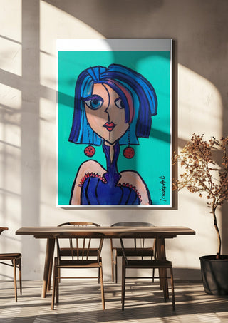 Lady Kontrast by Trude hanging above a wooden dining table in warm sunlight