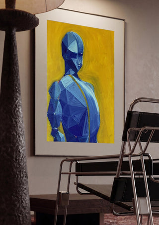 Blue figure / yellow field by Linor Citaku framed in a dim room beside a tubular steel chair