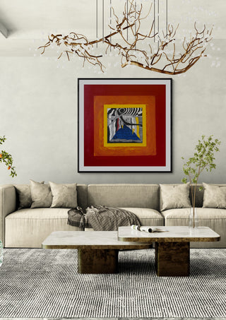 Hypnagogic state by Linor Citaku in a black frame above a cream sofa under a branch chandelier