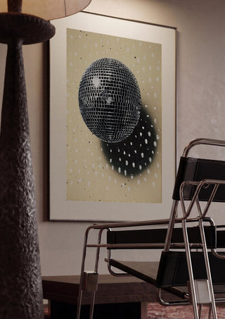 Disco Star by Carl Smith ART framed in a dim room beside a tubular steel chair