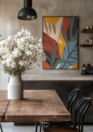 Abstract Art Jungle by ThingDesign in a black frame above a rustic table with white flowers