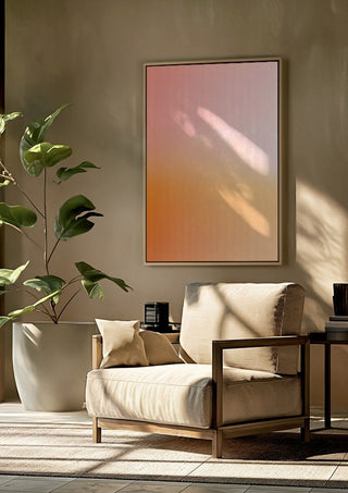 Sunset - cheerful, warm color gradient by Ohkimiko framed above a beige armchair beside a potted plant