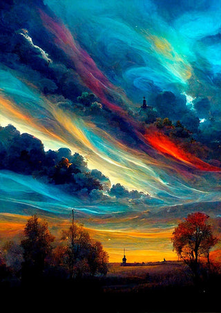 Colorful, swirling sky over a landscape at sunset, artwork from Winnie Møller - Fantasi i Himlen 1.