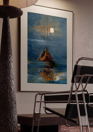 Moon over the Ship by Justyna Kopania framed in a dim room beside a tubular steel chair