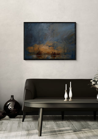 Boats in the Mist by Justyna Kopania in a black frame above a dark sofa with candlesticks on a round table
