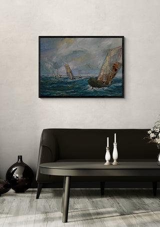 Fishing Boats at Sea by Justyna Kopania in a black frame above a dark sofa with candlesticks on a round table