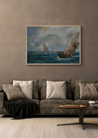 Fishing Boats at Sea by Justyna Kopania in a light oak frame above a grey sofa on a warm brown wall
