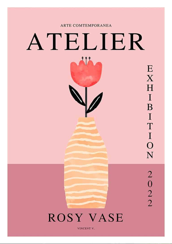 Poster for Rosy Vase by Vincent V., featuring a pink vase with a red flower on a modern pink background.