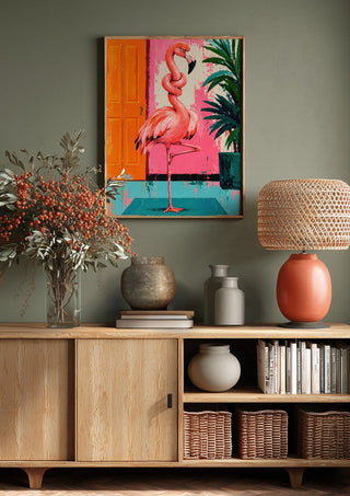 Knot today x Flamingo by Decker Studios above a wooden sideboard on a sage green wall