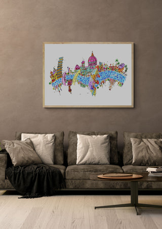 Florenz by ullimcart in a light oak frame above a grey sofa on a warm brown wall