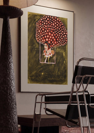 Madame Rose by Ali Kasap framed in a dim room beside a tubular steel chair