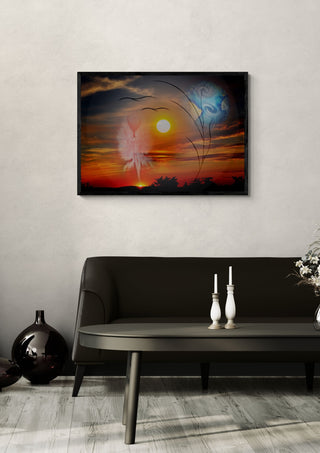 Sunrise Angel by Walter Zettl in a black frame above a dark sofa with candlesticks on a round table