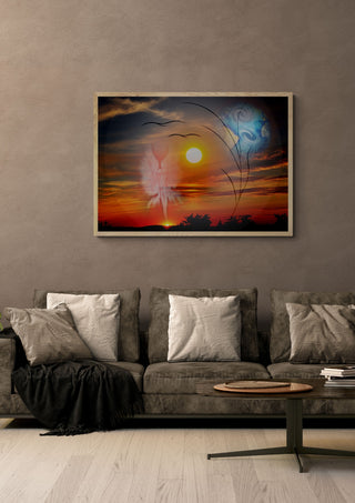 Sunrise Angel by Walter Zettl in a light oak frame above a grey sofa on a warm brown wall