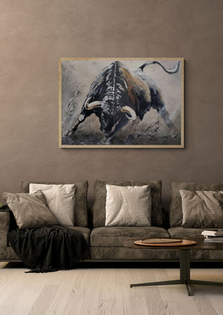 Unatamed spirit by Lüba in a light oak frame above a grey sofa on a warm brown wall