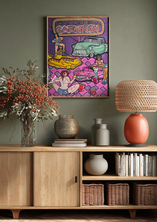 Carwash by KaroGaiaArt above a wooden sideboard on a sage green wall