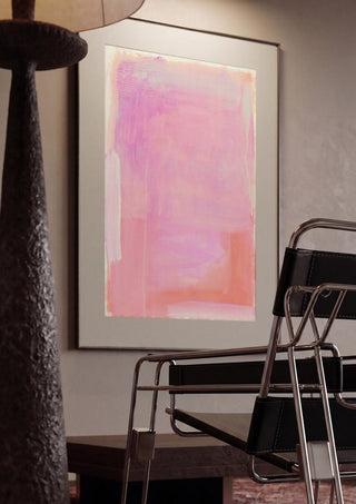soft atmospheric colorfields by Iris Lehnhardt framed in a dim room beside a tubular steel chair