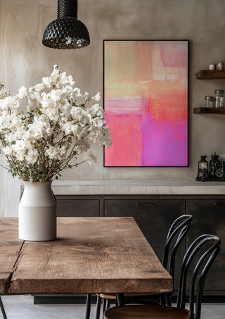 soft atmospheric composition by Iris Lehnhardt in a black frame above a rustic table with white flowers