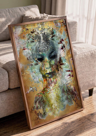 Close my eyes - So I can see by Henrik Kock in a walnut frame leaning against a grey sofa