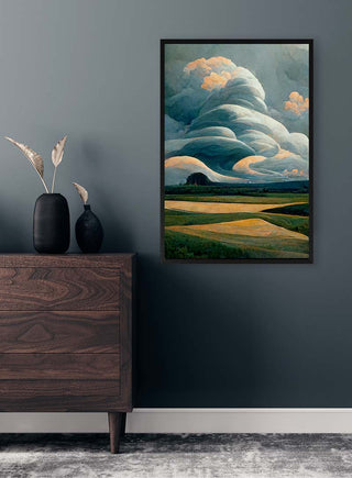 Framed print of Winnie Møller's "Skyer i Bølger" hanging on a dark wall above a wooden dresser.
