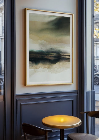 Apparent infinity by Tania Zubareva in an oak frame on a panelled cafe wall