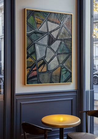 Cracked Glass by Fredprikas in an oak frame on a panelled cafe wall