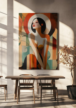 Golden Silence by ArtySjak hanging above a wooden dining table in warm sunlight